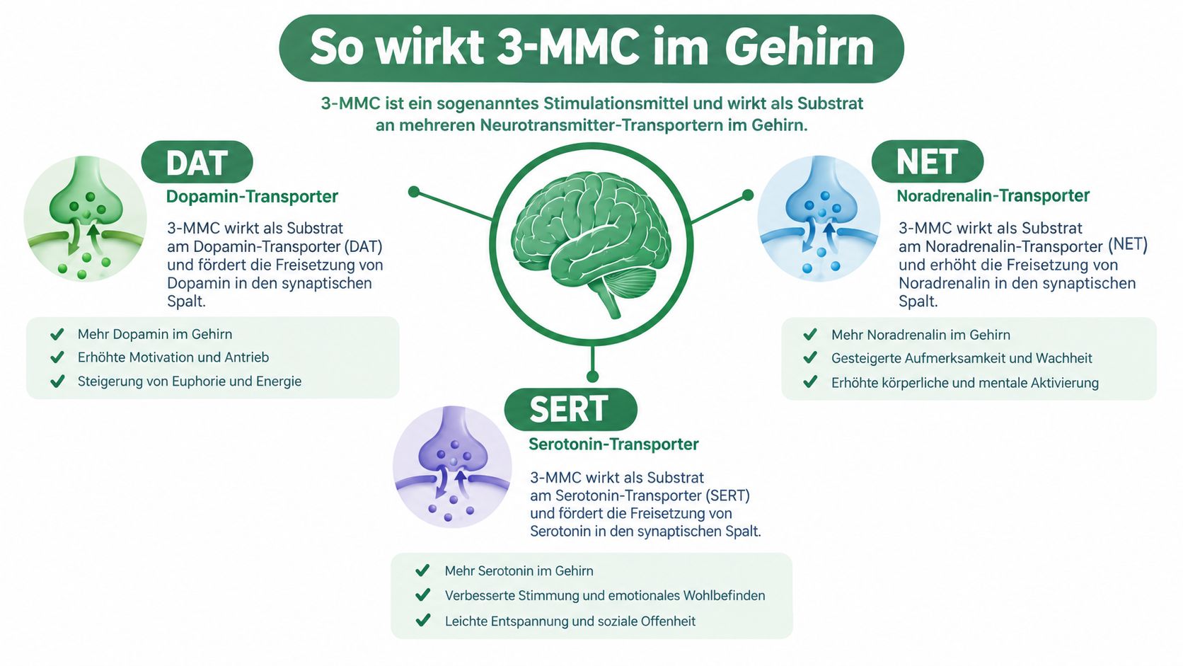 Infografik zeigt die Wirkungsweise der Droge 3-MMC auf Dopamin-, Serotonin- und Noradrenalin-Transporter im menschlichen Gehirn.