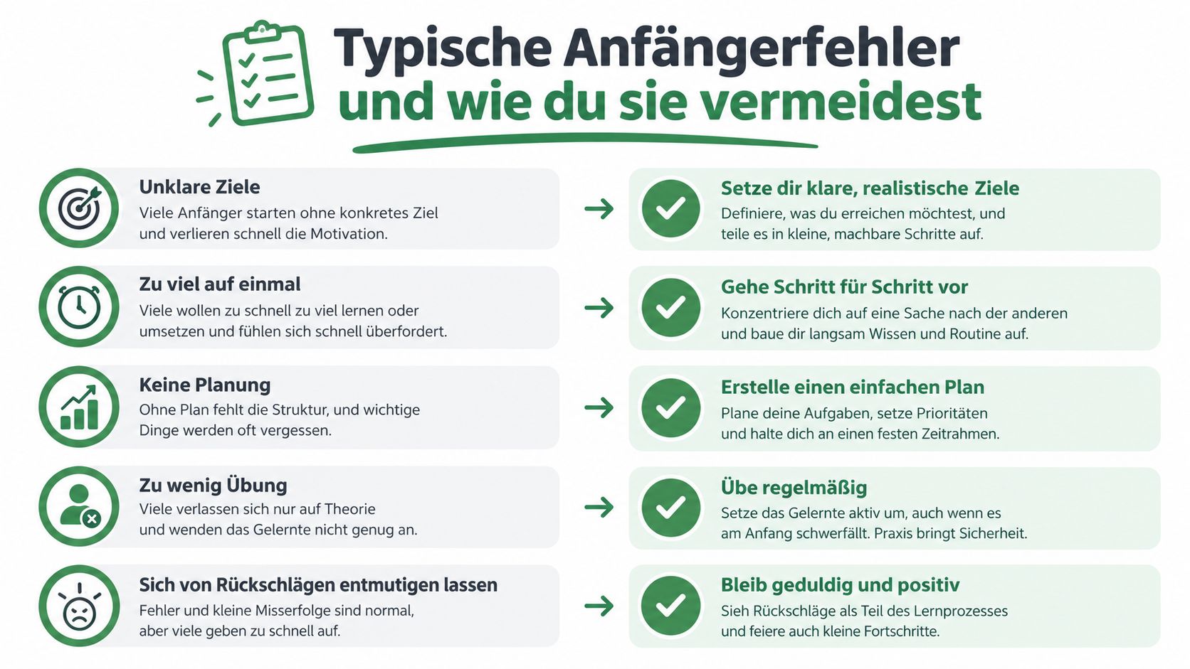 Eine Infografik, die typische Anfängerfehler und hilfreiche Tipps für deren Vermeidung in einer übersichtlichen Liste darstellt.