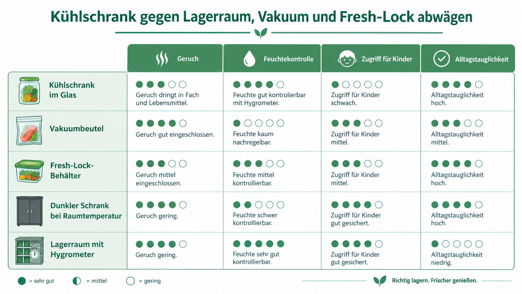 Vergleichstabelle für die Lagerung von Kräutern mit verschiedenen Methoden hinsichtlich Geruch, Feuchtigkeit, Kindersicherheit und Alltagstauglichkeit.