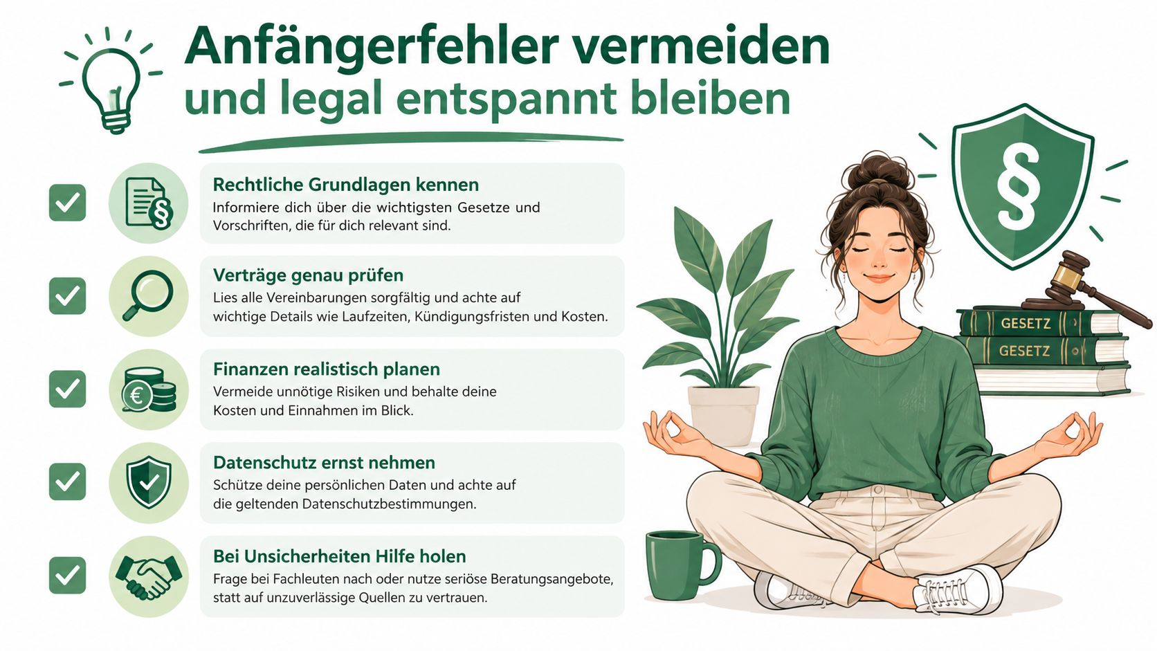 Illustration einer entspannten Person mit Tipps zur Vermeidung von Anfängerfehlern und rechtlichen Problemen in Deutschland.