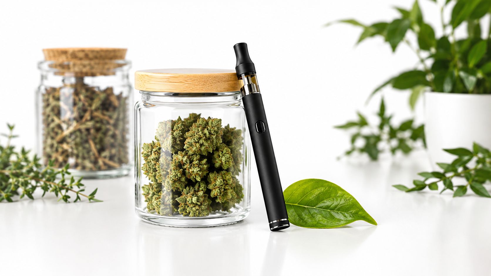 Ein Glas mit Cannabis-Blüten und ein Verdampfer-Stift auf einem weißen Tisch neben grünen Pflanzen.