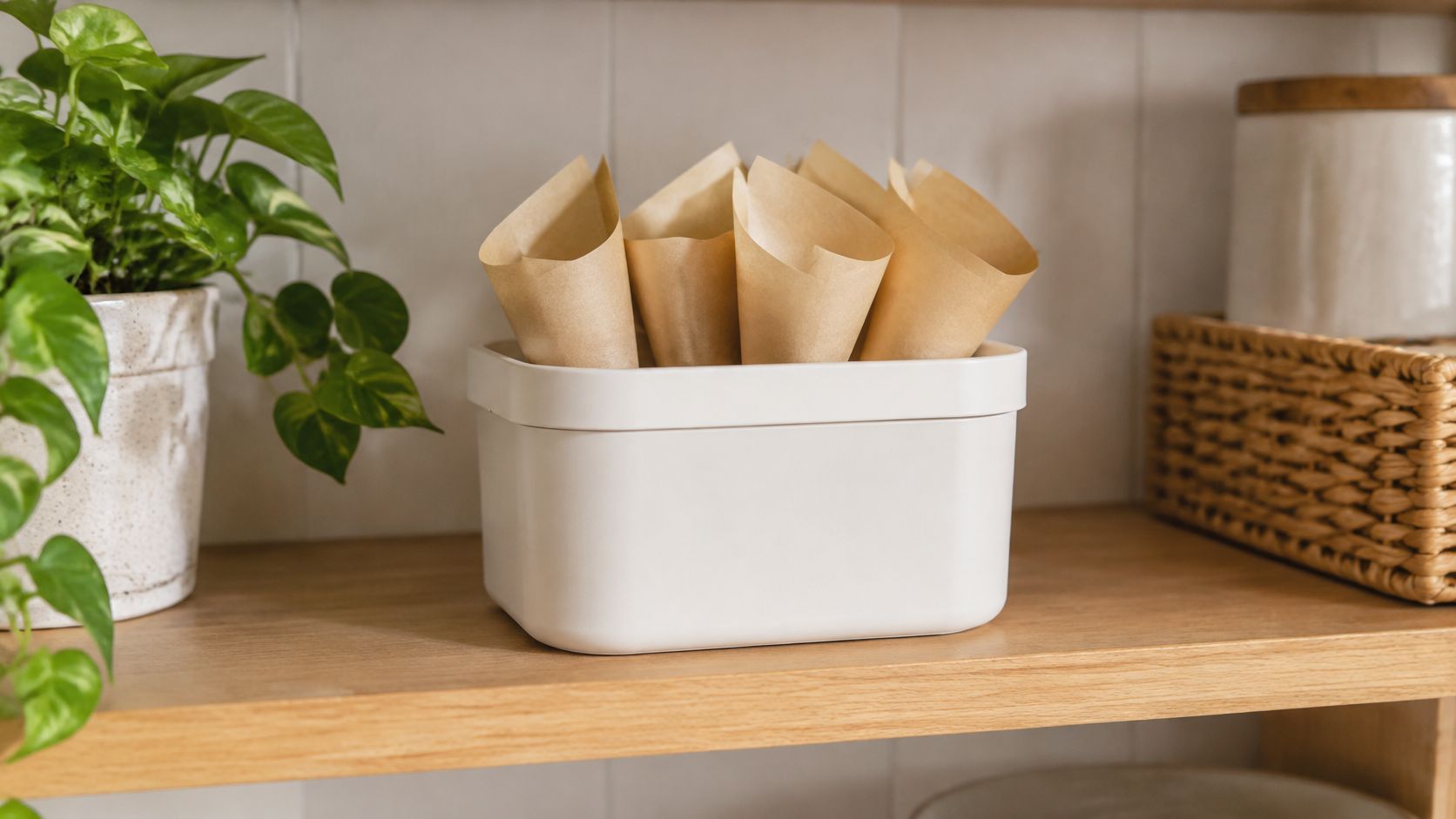 Eine weiße Box mit vorgefertigten Kegeln aus braunem Backpapier steht dekorativ auf einem hölzernen Küchenregal neben einer Pflanze.