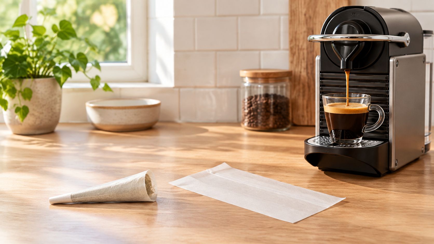 Eine Kaffeemaschine brüht einen Espresso neben einem leeren und einem gefüllten kegelförmigen Papier auf einer Holzküchenoberfläche.