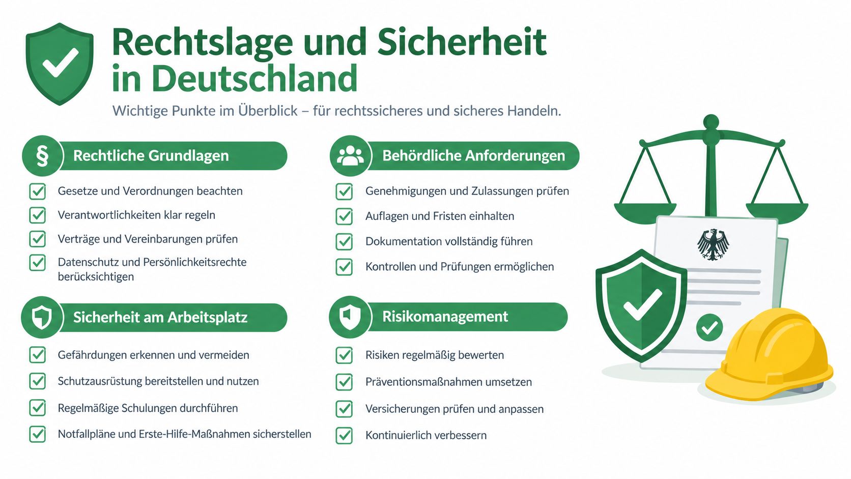 Infografik zur Rechtssicherheit und Arbeitssicherheit in Deutschland mit wichtigen Hinweisen zu Gesetzen, behördlichen Anforderungen und Risikomanagement.