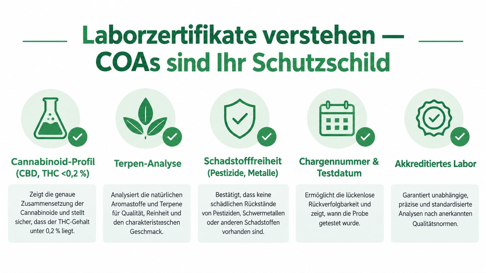 Infografik zur Bedeutung von Laborzertifikaten bei CBD-Produkten, die Transparenz, Sicherheit und Qualitätskontrolle durch unabhängige Labortests erklärt.
