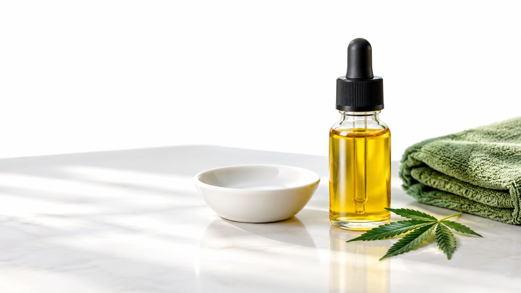 Eine Flasche mit gelbem Cannabisöl steht neben einer kleinen weißen Schale, einem grünen Handtuch und einem Hanfblatt.