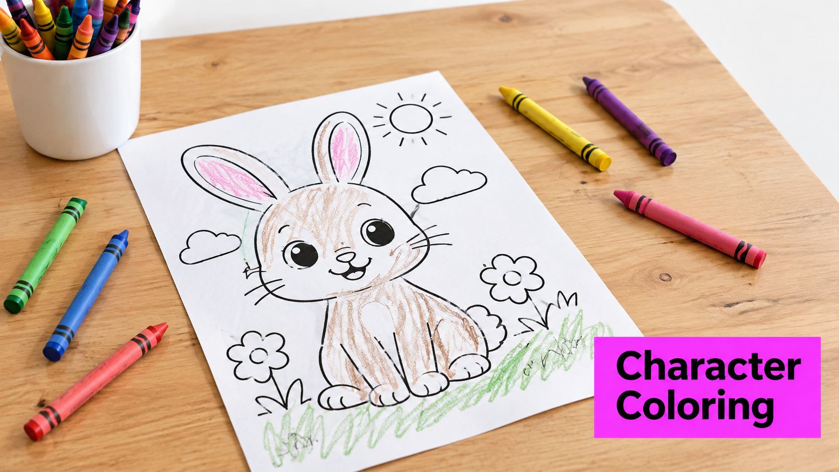 A child's coloring page of a cute bunny surrounded by crayons on a wooden table surface.