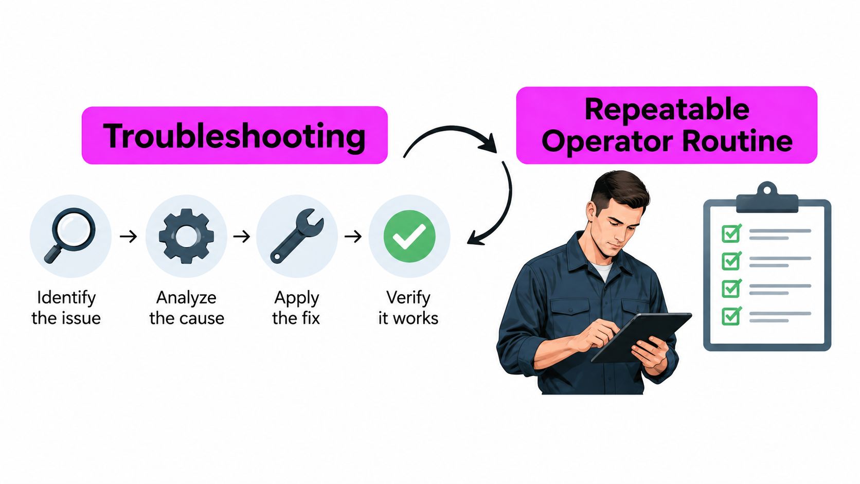 A diagram illustrating a four-step troubleshooting process leading to a repeatable operator routine using a digital checklist.