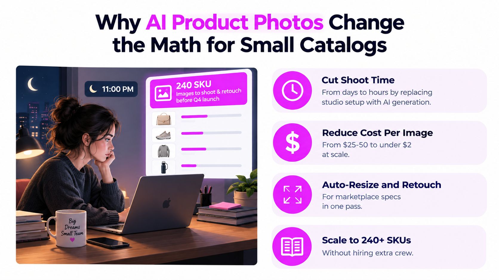 A woman working on a laptop at night, highlighting how AI simplifies professional product photography for small catalogs.