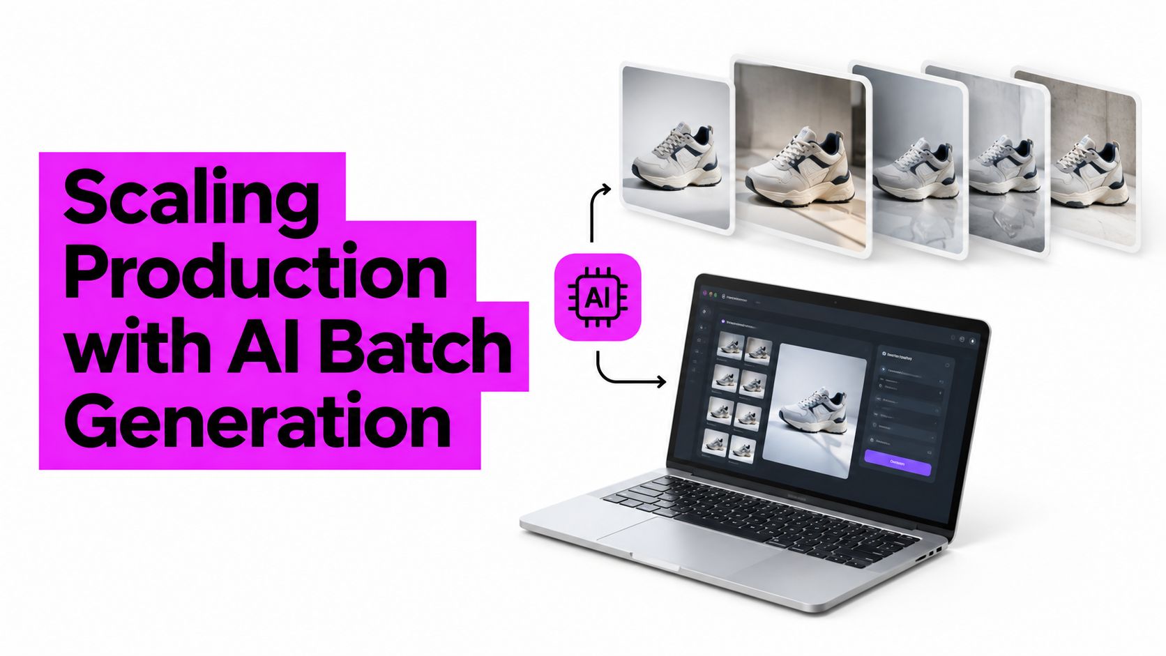 A laptop screen displaying AI software generating multiple shoe product images for large-scale digital production workflows.