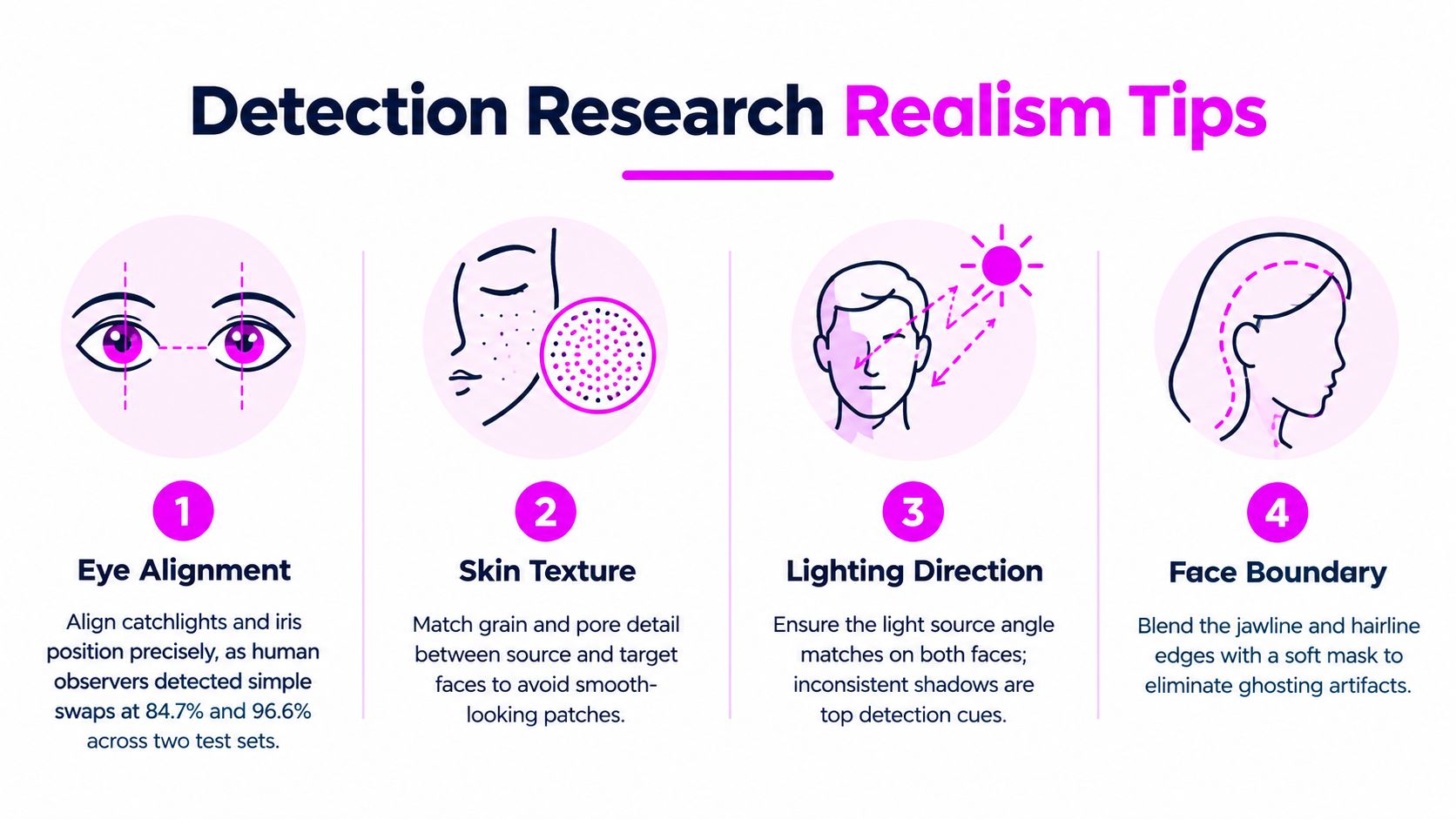 An infographic showing four key tips for creating realistic face swaps including eye alignment and skin texture.