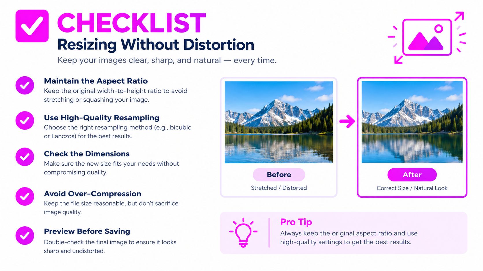 A helpful checklist guide explaining how to resize images without causing distortion or loss of quality.