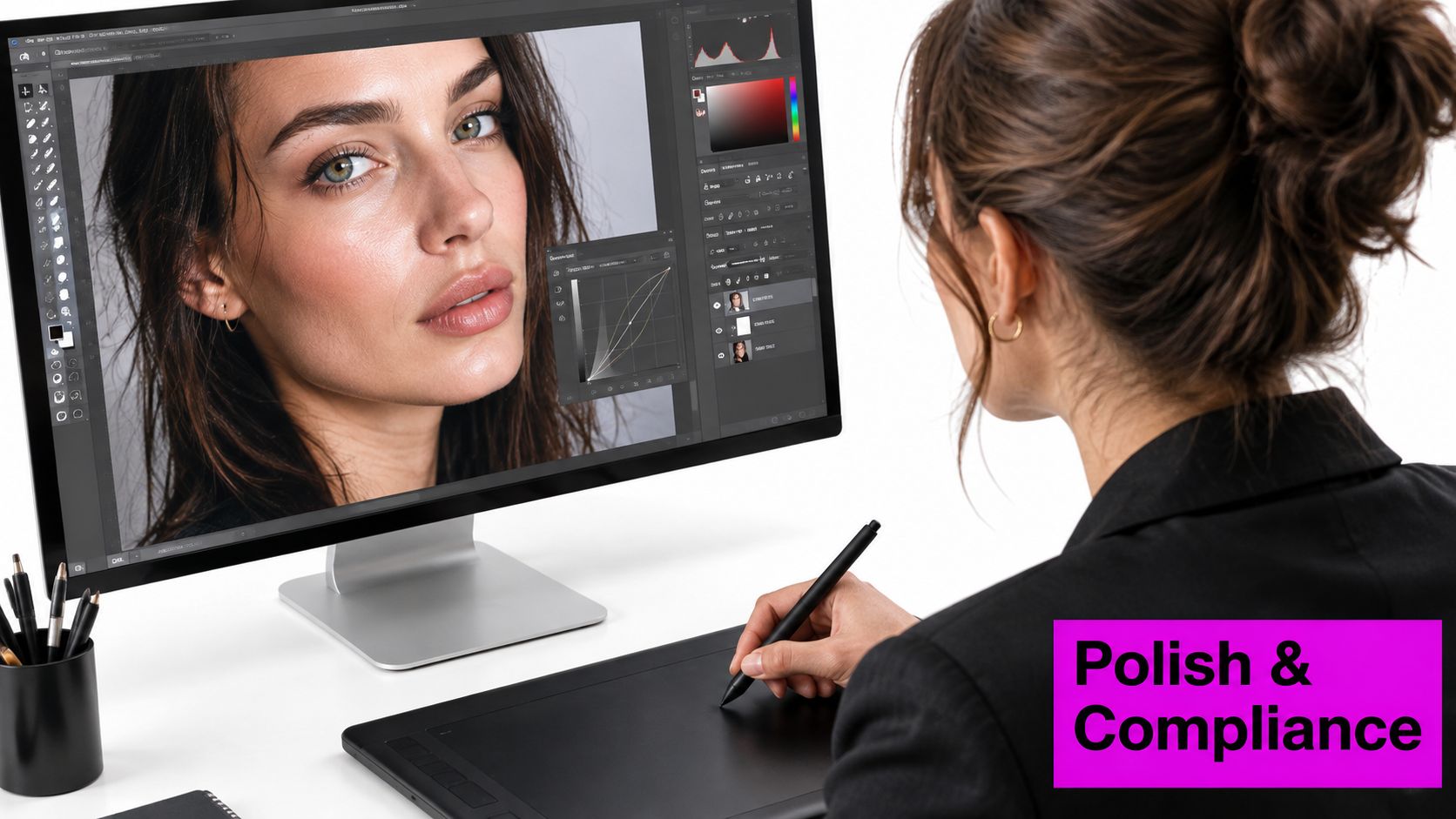 A professional designer uses a digital drawing tablet to edit a portrait photo on a computer monitor.
