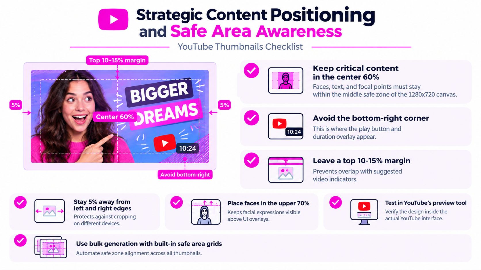 A strategic infographic outlining essential YouTube thumbnail design best practices for safe area awareness and optimal positioning.
