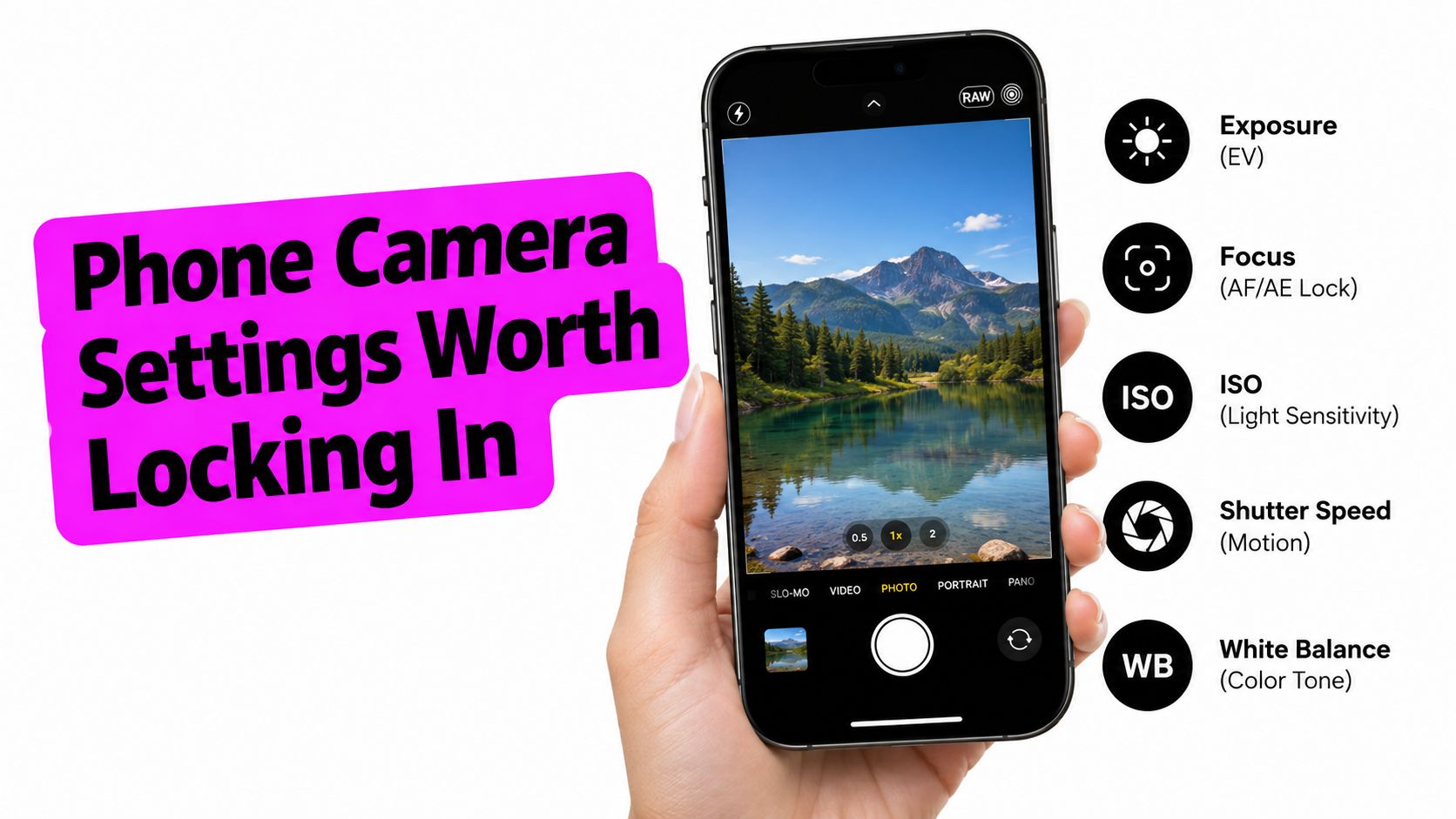 A hand holding a smartphone displaying manual camera settings for professional photography on screen against a white background.