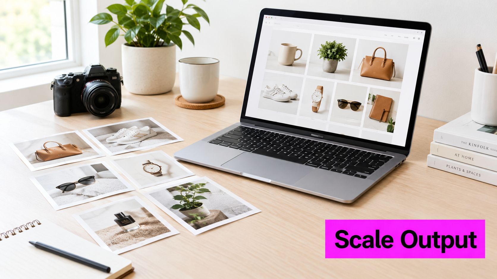 A professional flatlay workspace featuring a laptop, camera, and product photography prints on a wooden table.