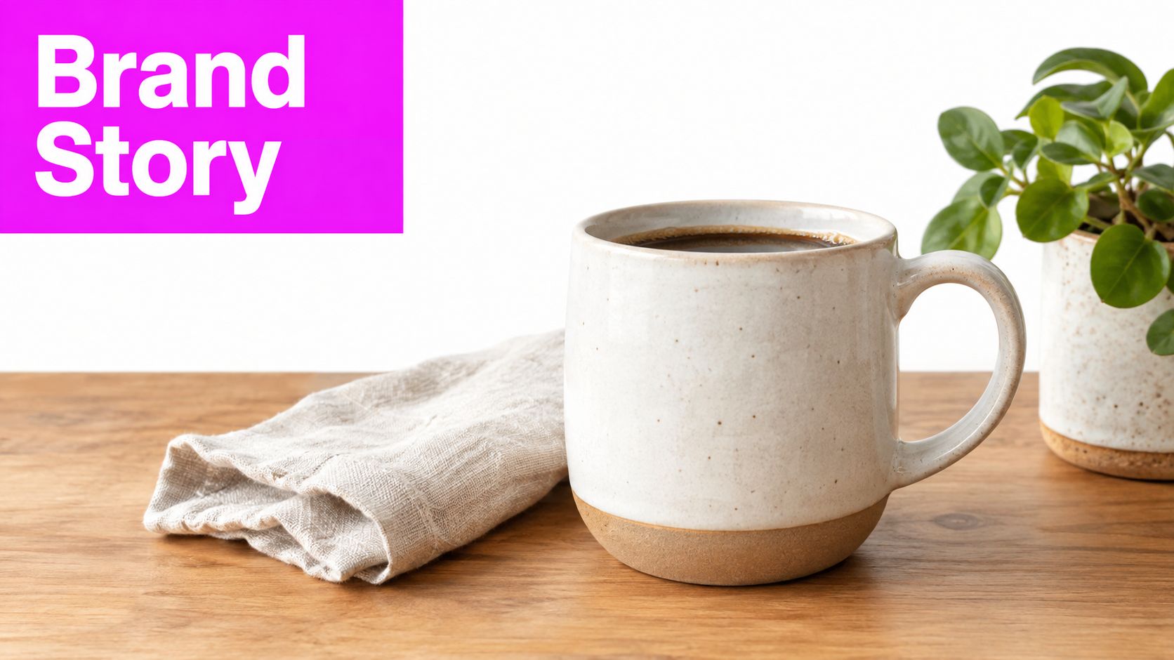 A ceramic mug of black coffee sitting on a wooden table with a napkin and a plant.