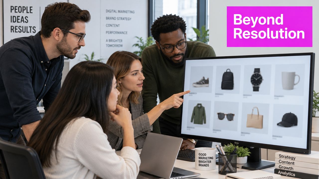 A professional team of four people collaborating on a marketing project in a bright modern office.