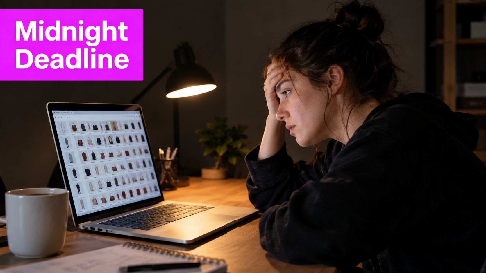 A stressed student working late on a laptop to meet a midnight deadline in a dimly lit room.