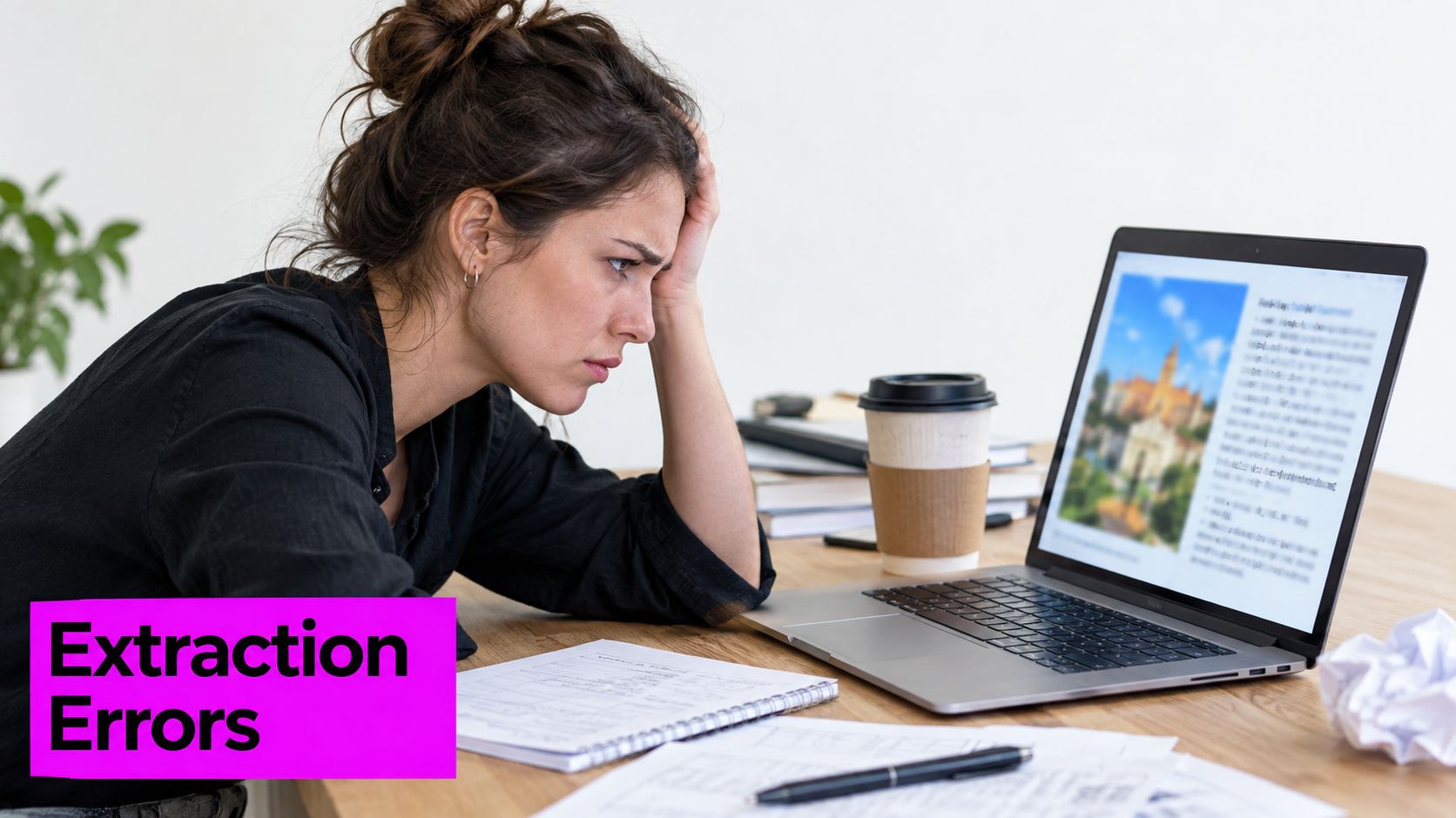 A frustrated woman working at a wooden desk with a laptop, documents, and a coffee cup.