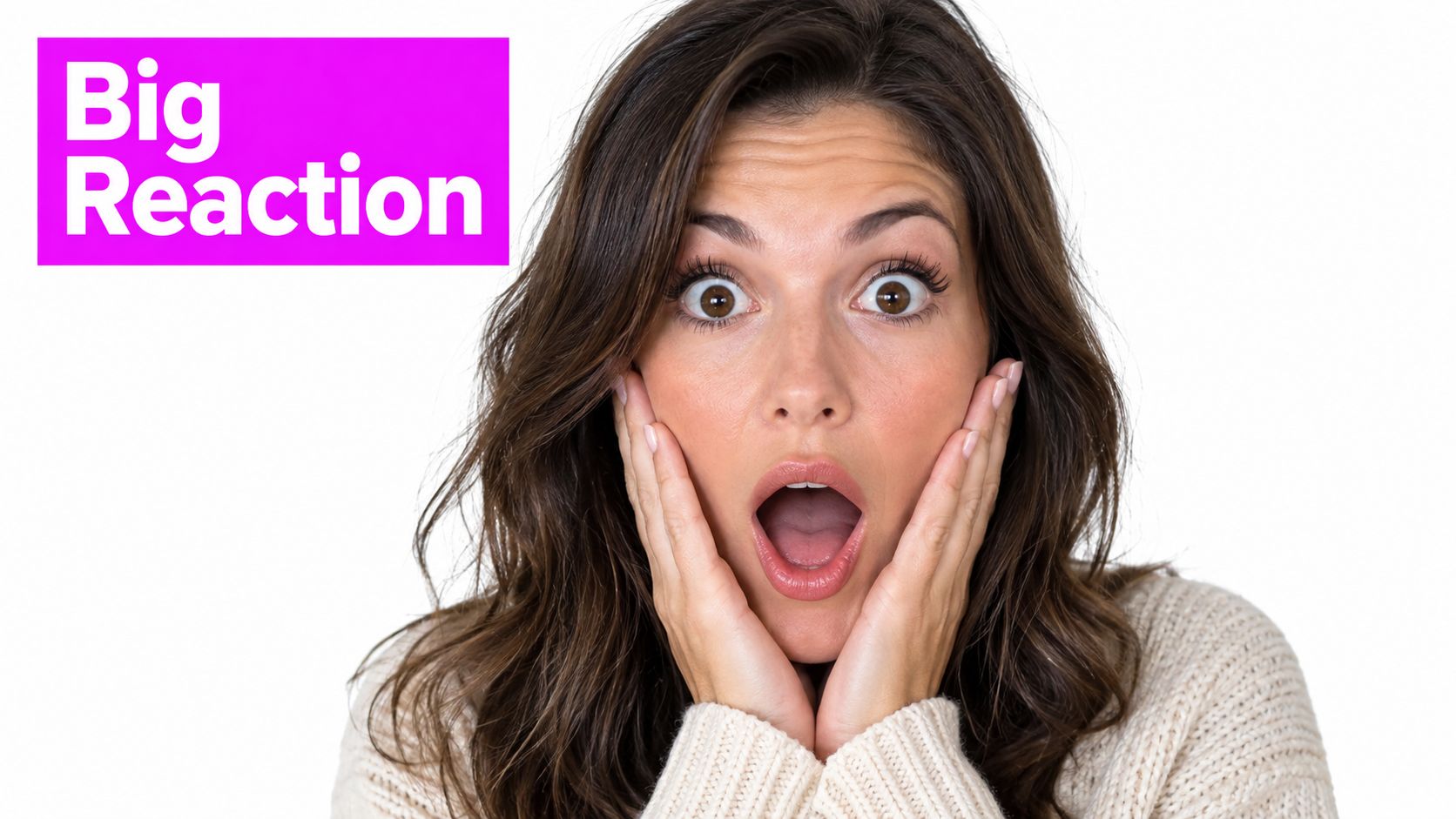 A woman with a surprised expression holding her face with both hands for a YouTube thumbnail.