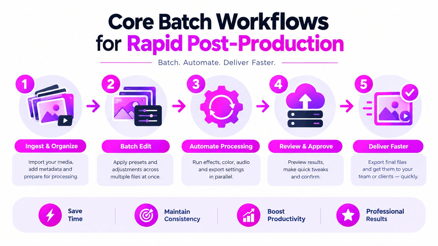 A diagram illustrating a five-step batch workflow for rapid post-production, featuring ingestion, editing, processing, review, and delivery.