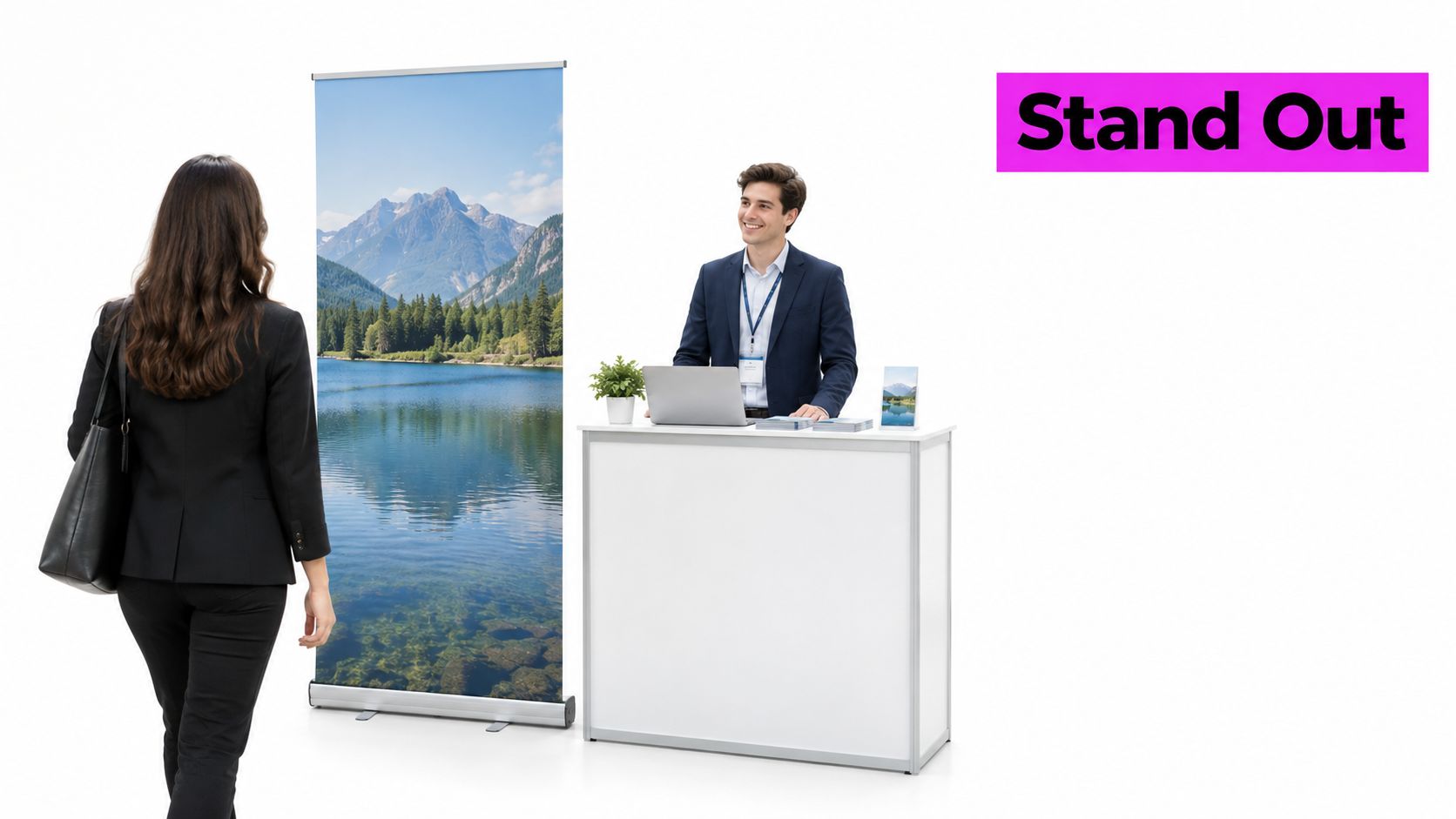 A professional man at a trade show booth interacting with a visitor next to a banner.