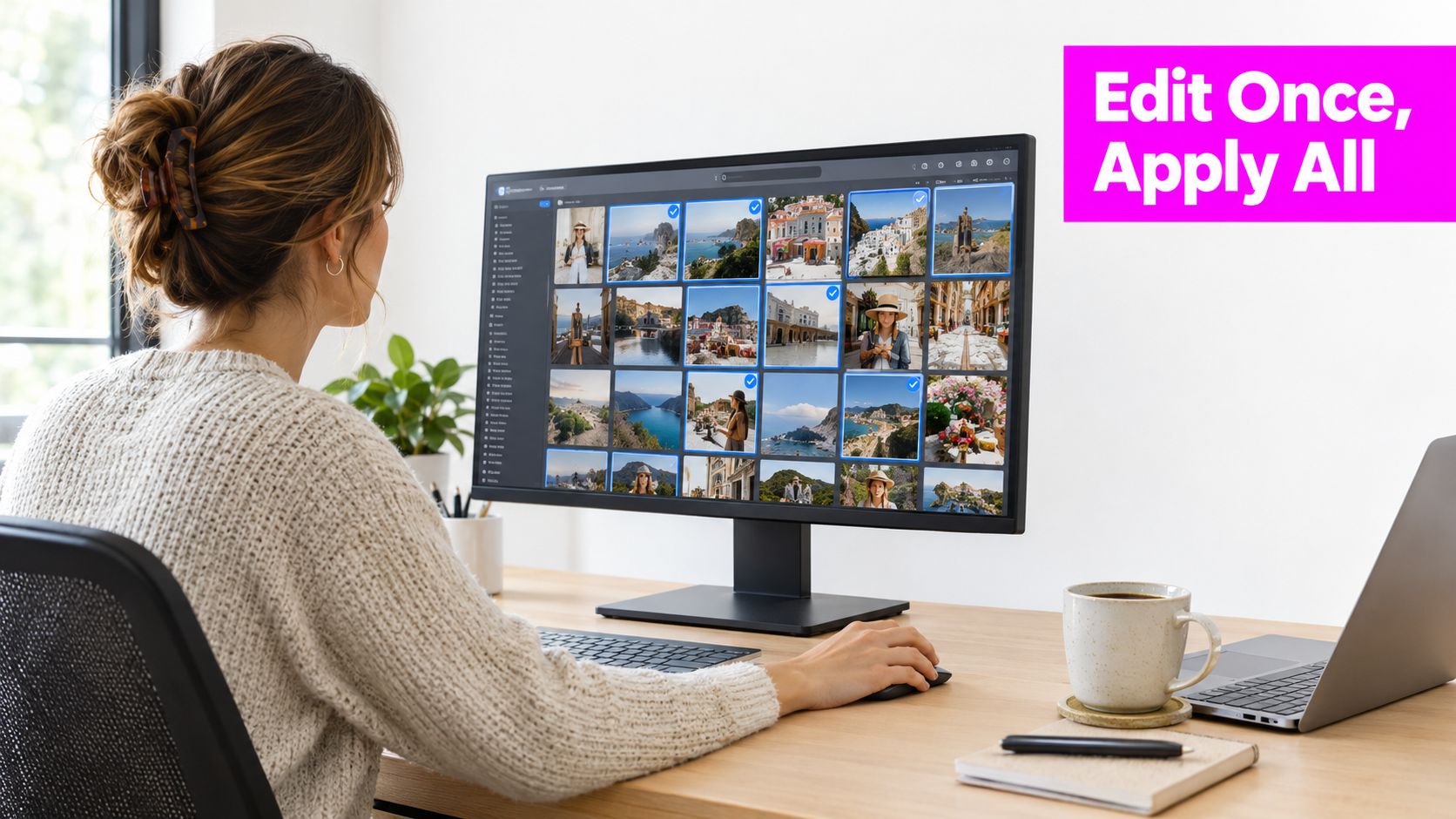 A young woman editing multiple photos on a large computer monitor in a bright home office.