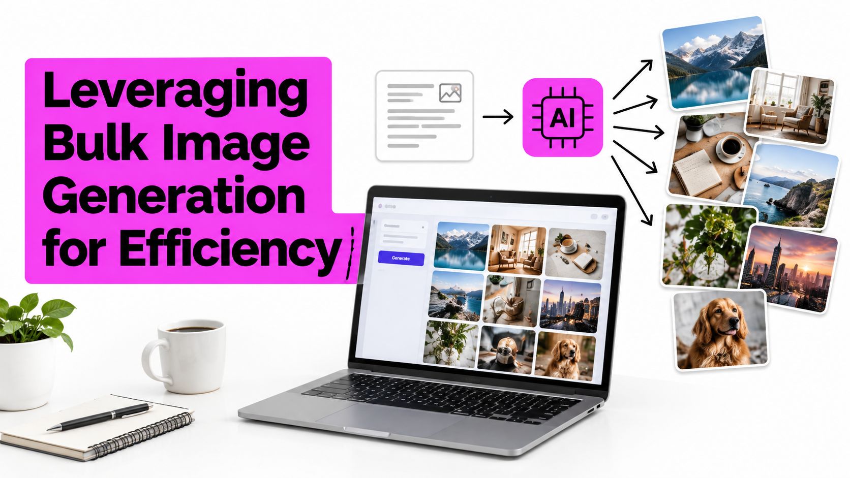 A laptop showing AI generated images with a conceptual diagram illustrating bulk image production for efficiency.