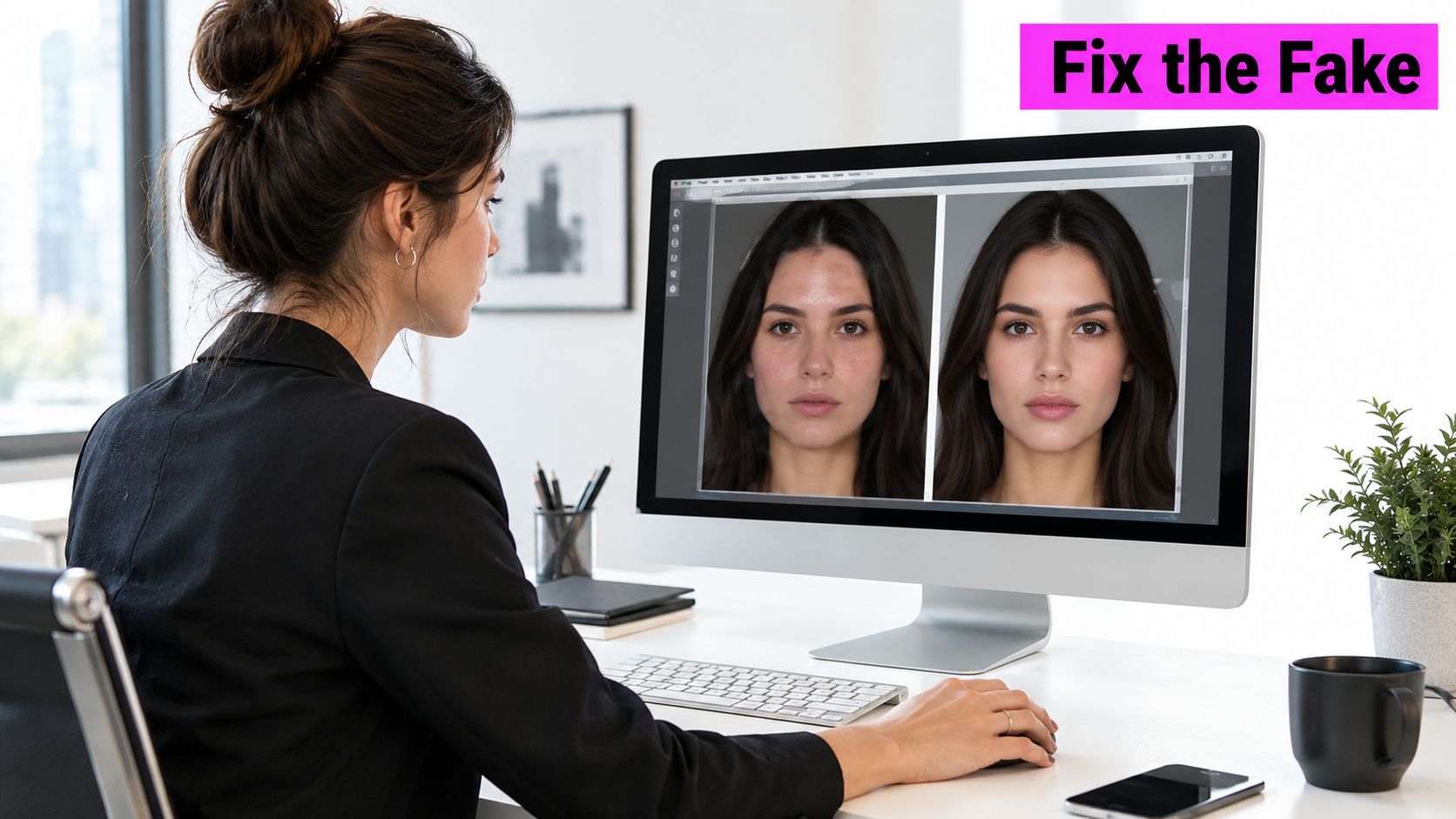 A woman working on a computer editing a face swap photo comparison in a professional office setting.