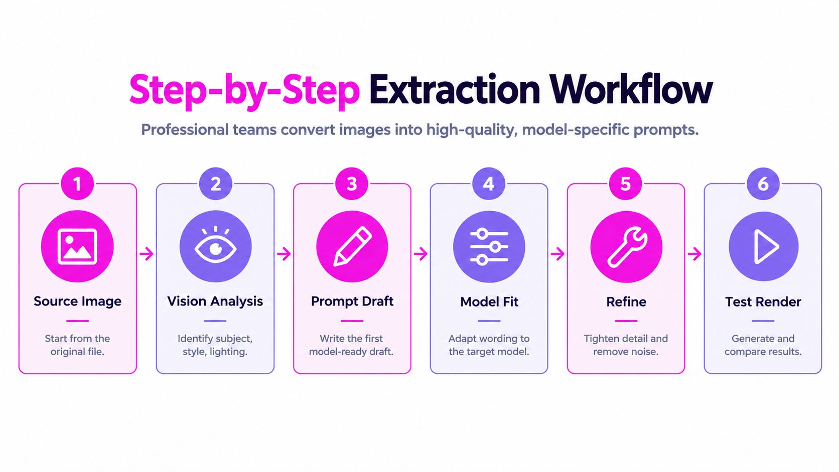A six-step professional workflow infographic for converting source images into high-quality, model-specific AI prompts.