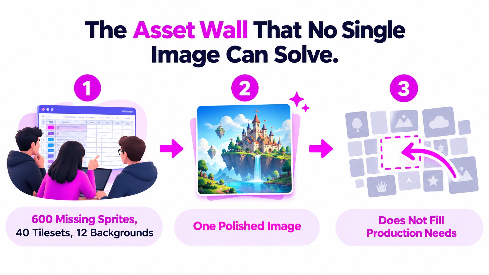 A diagram illustrating how a single AI image fails to fulfill comprehensive game development production requirements.