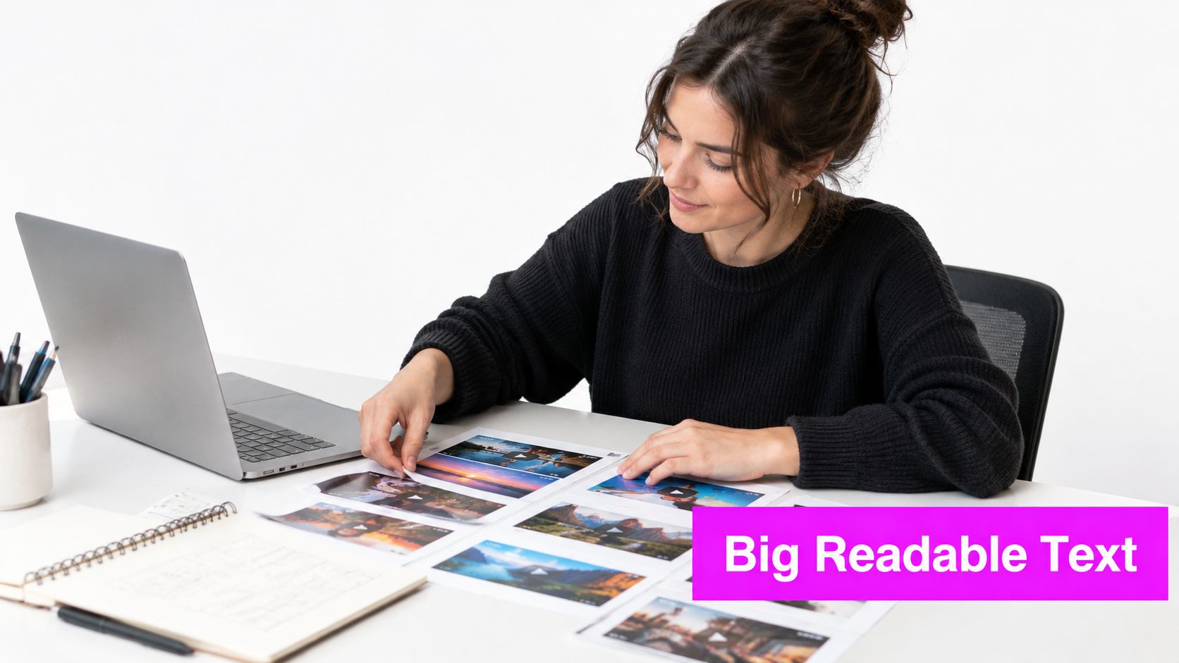 A female creative professional working at a desk with printed YouTube video thumbnails and a laptop.