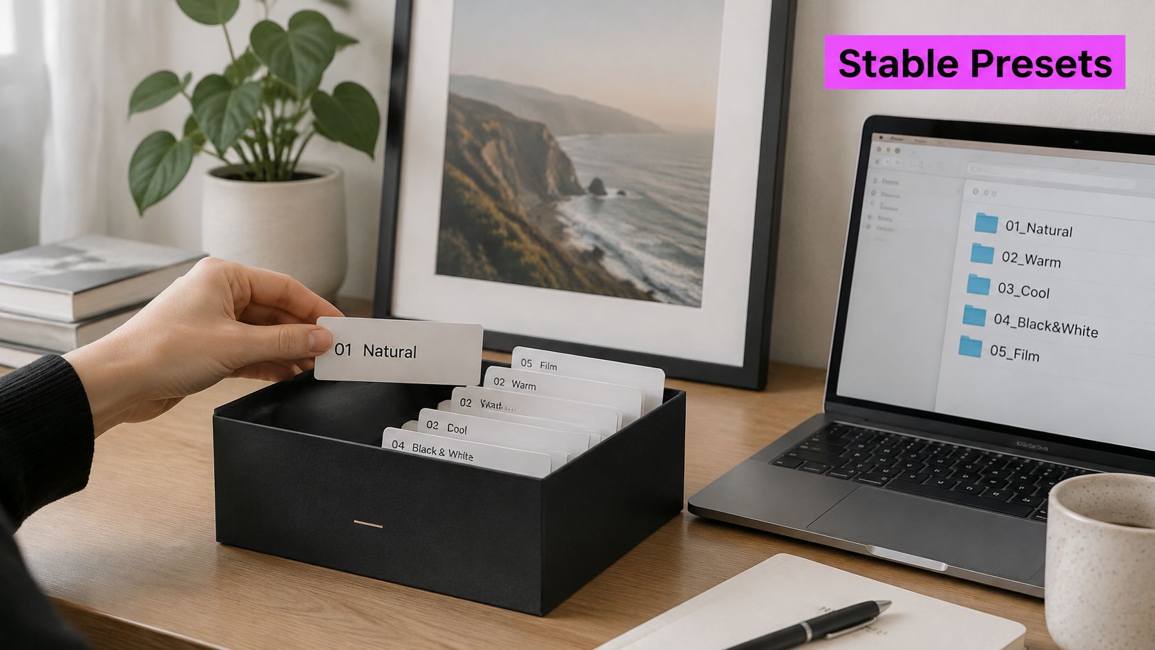 A hand selecting an organization card labeled 01 Natural from a box on a wooden desk.