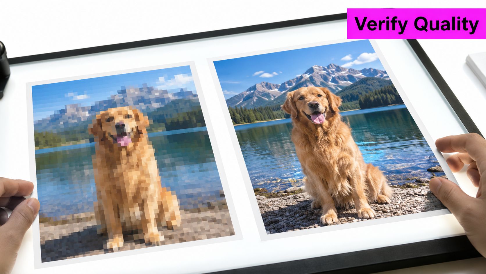A person comparing a low-resolution pixelated dog photo to a high-quality, clear version on a light table.