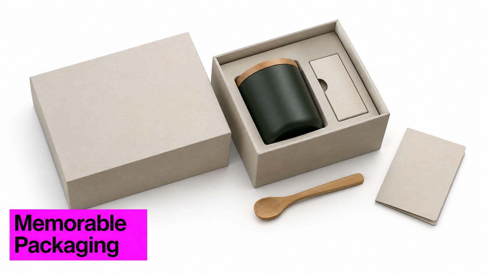 A high-quality packaging set featuring a dark green container with a bamboo lid, spoon, and card.