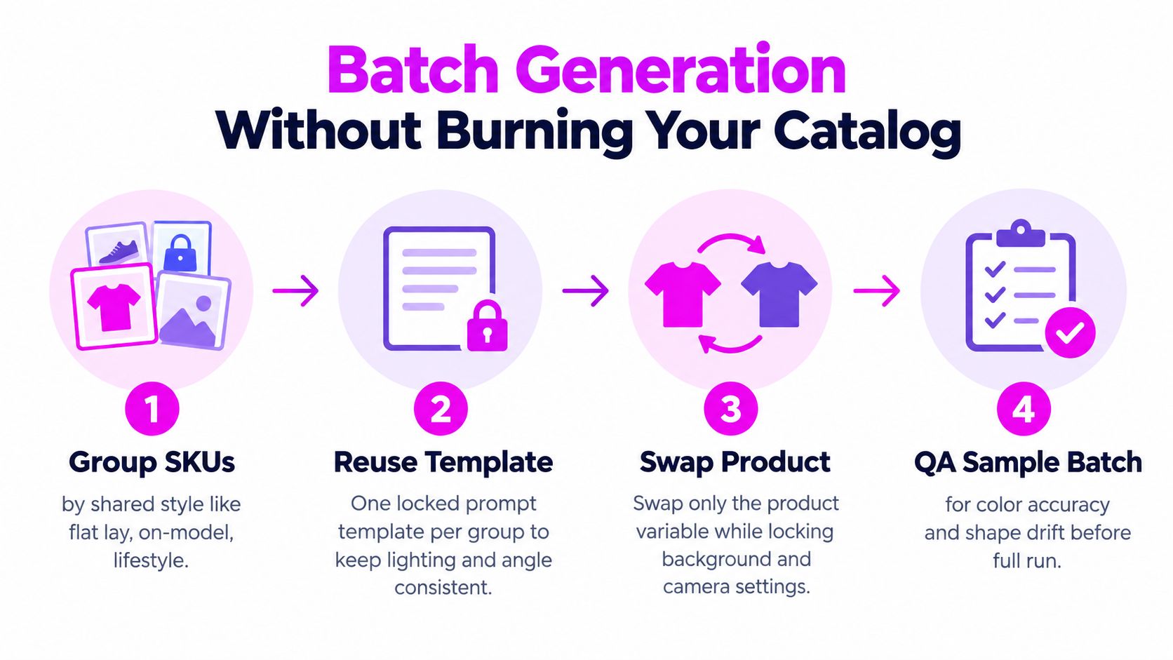 A four-step infographic illustrating a workflow for using AI to generate consistent batch product photos efficiently.