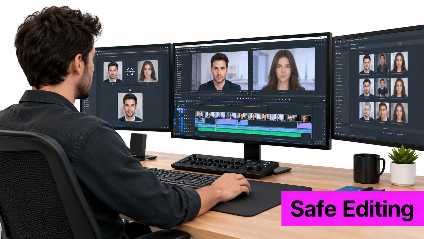 A professional video editor working on an AI face swap project using multiple computer monitors.