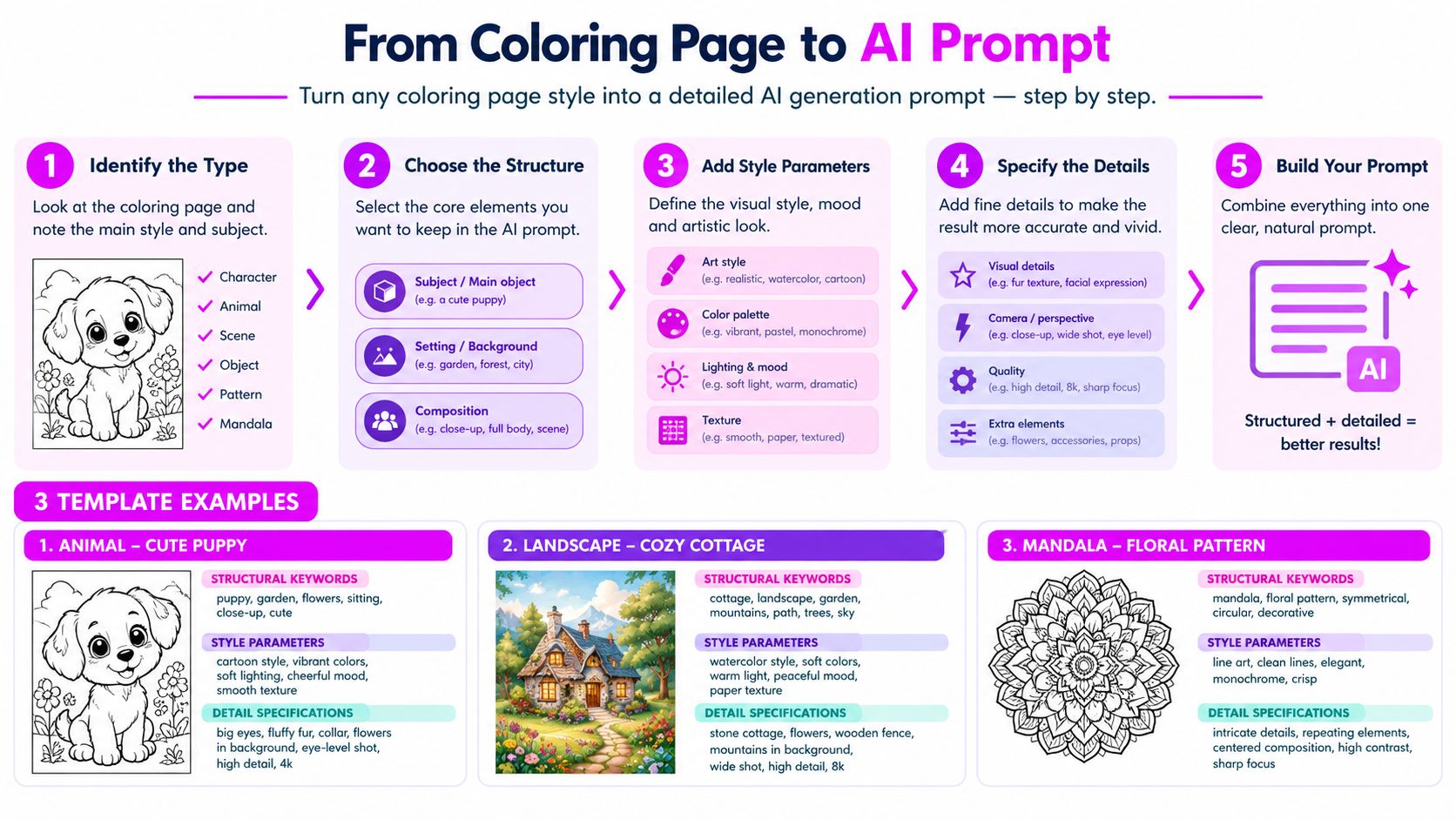 A step-by-step infographic titled From Coloring Page to AI Prompt explaining how to create AI art.