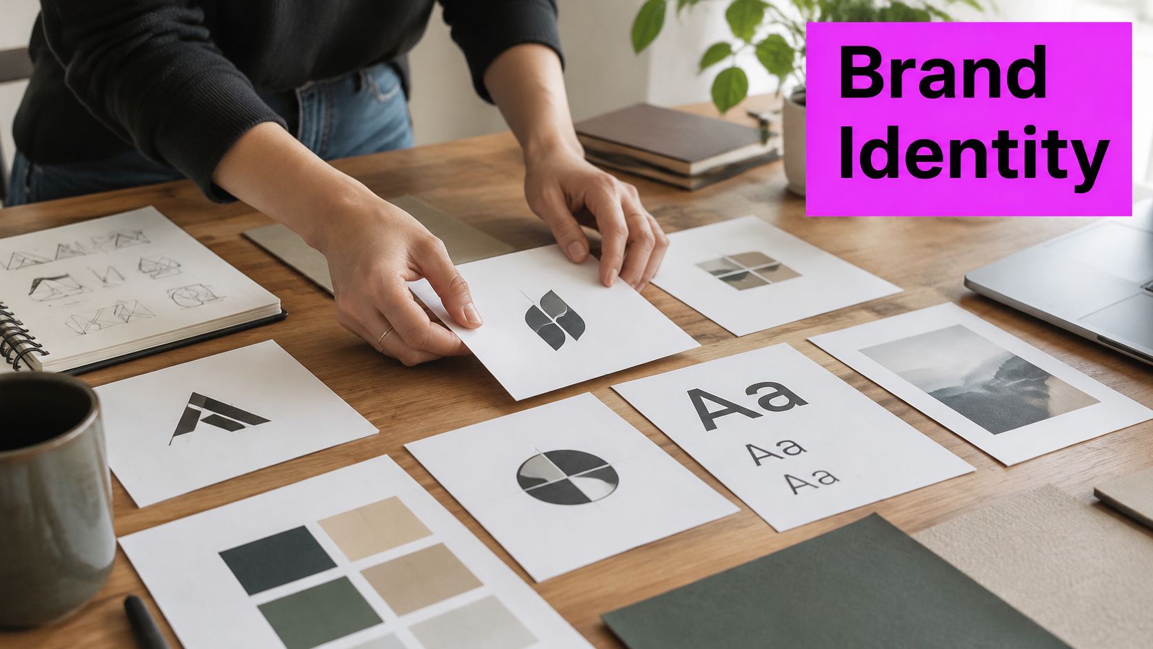 A graphic designer arranges various branding design elements, logos, and color swatches on a wooden table.