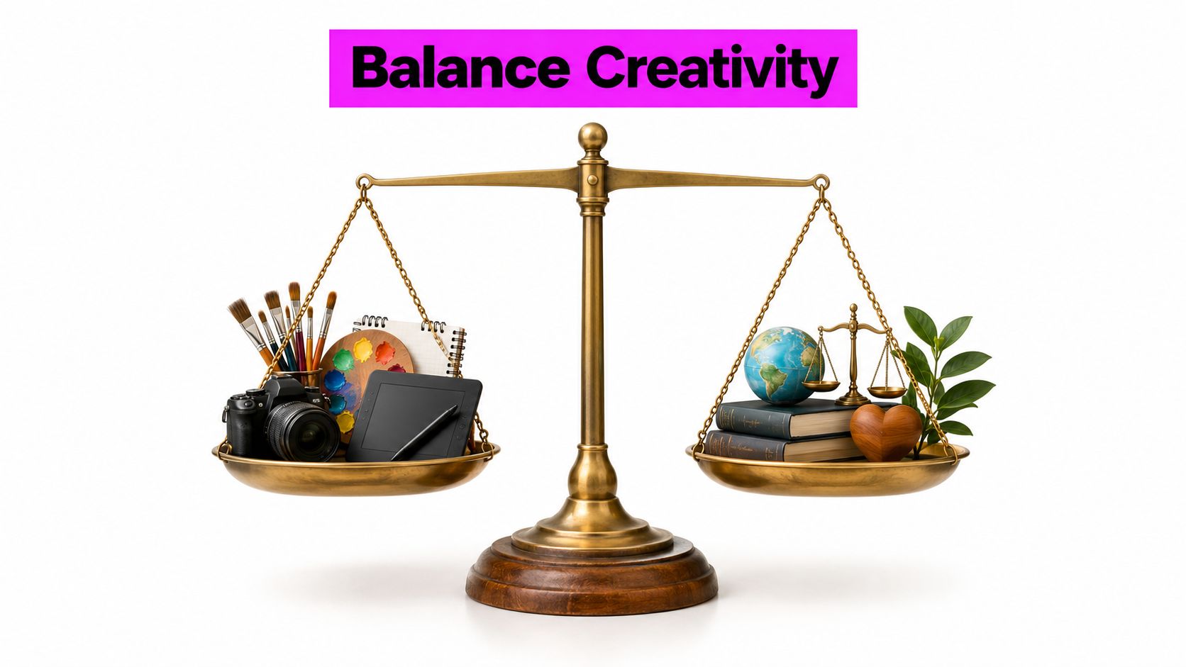 A conceptual balance scale weighing artistic tools like a camera and brushes against academic items like books.