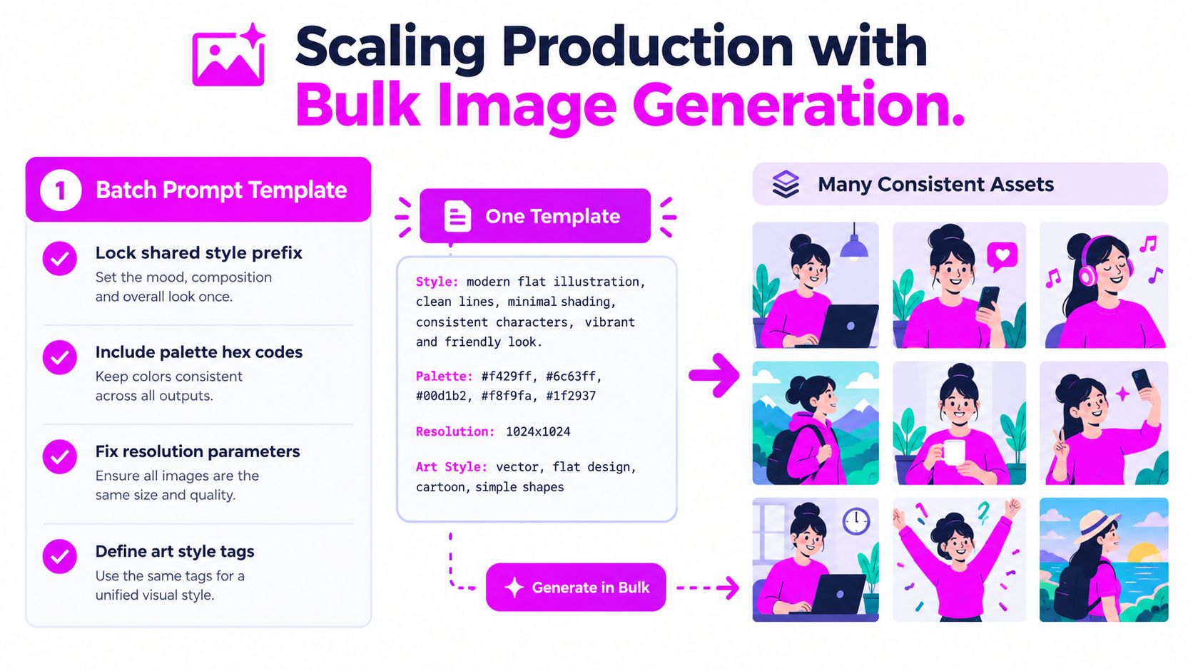 A diagram illustrating how to scale production using a batch prompt template for consistent AI image generation.