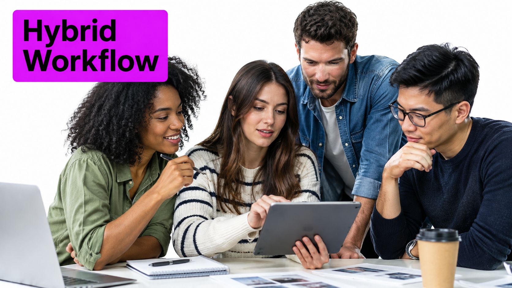 A diverse team of four professionals collaborating around a digital tablet during a hybrid workflow meeting.