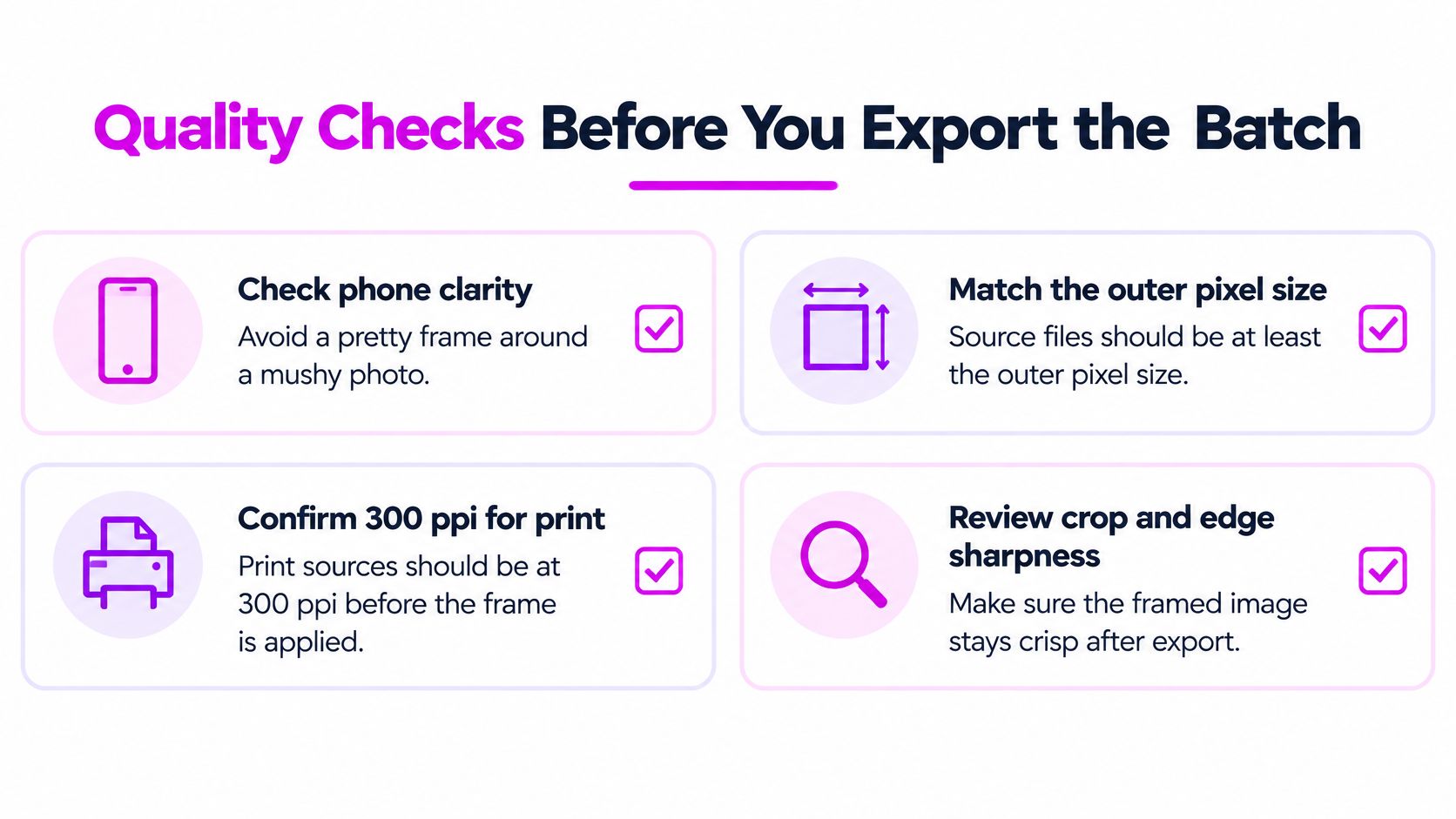 A checklist of quality control steps to perform before exporting batch processed framed photos.