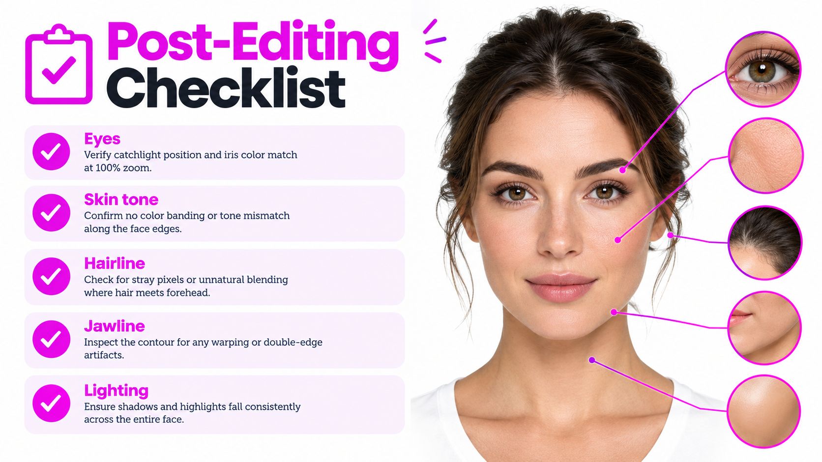 A professional post-editing checklist for portrait photography detailing inspection areas for eyes, skin, hairline, jawline, and lighting.