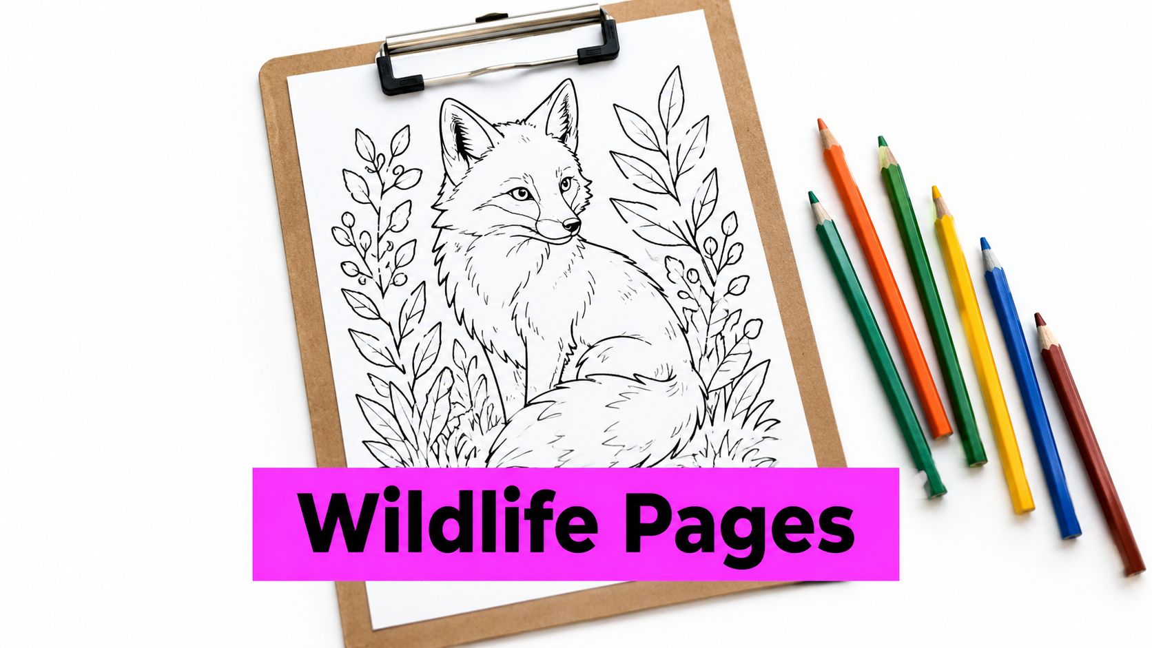 A coloring page of a fox on a clipboard with colored pencils beside it on white background.