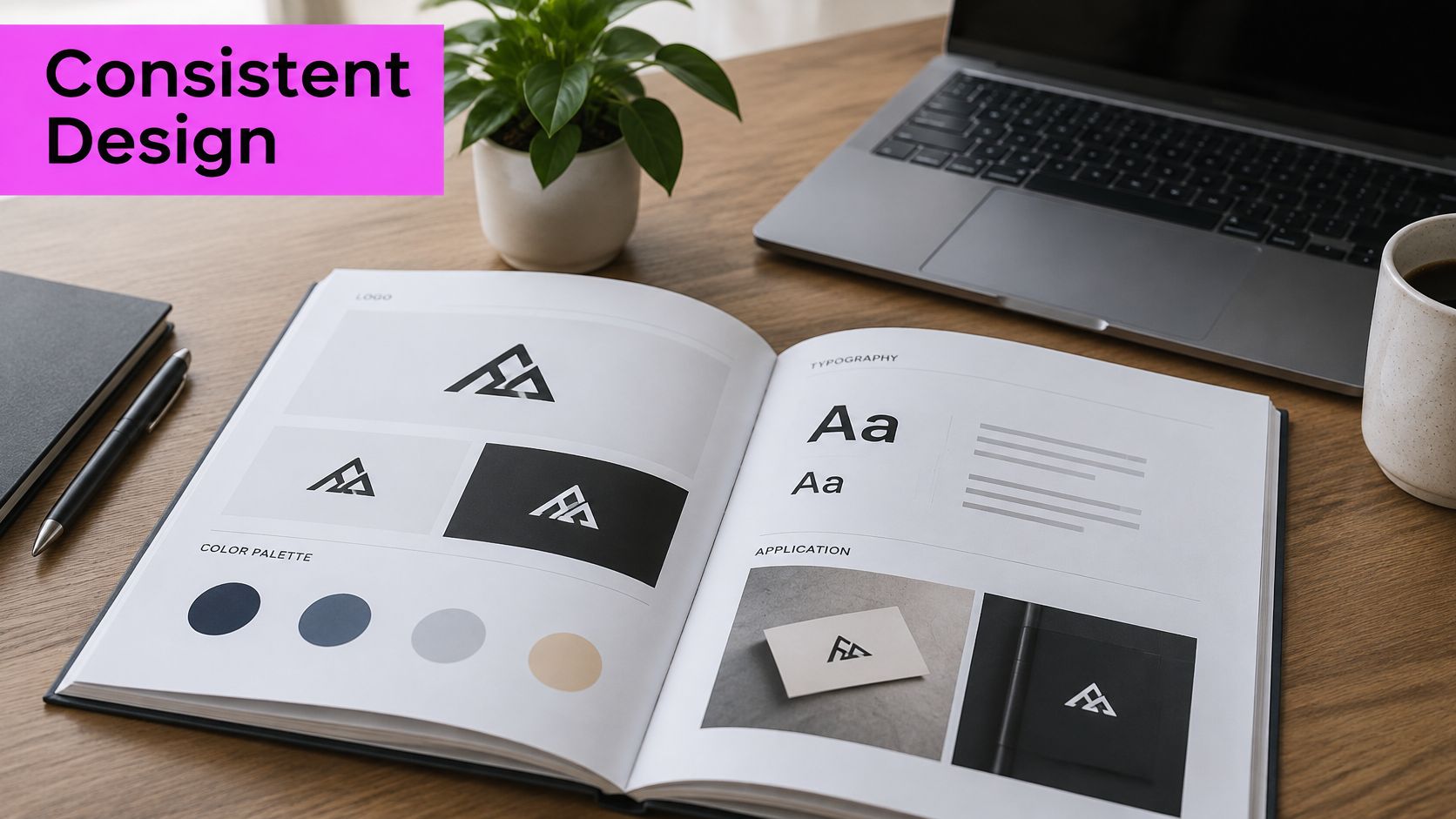 Open branding design guidelines book featuring logo variations, typography, color palettes, and mockup applications on a desk.
