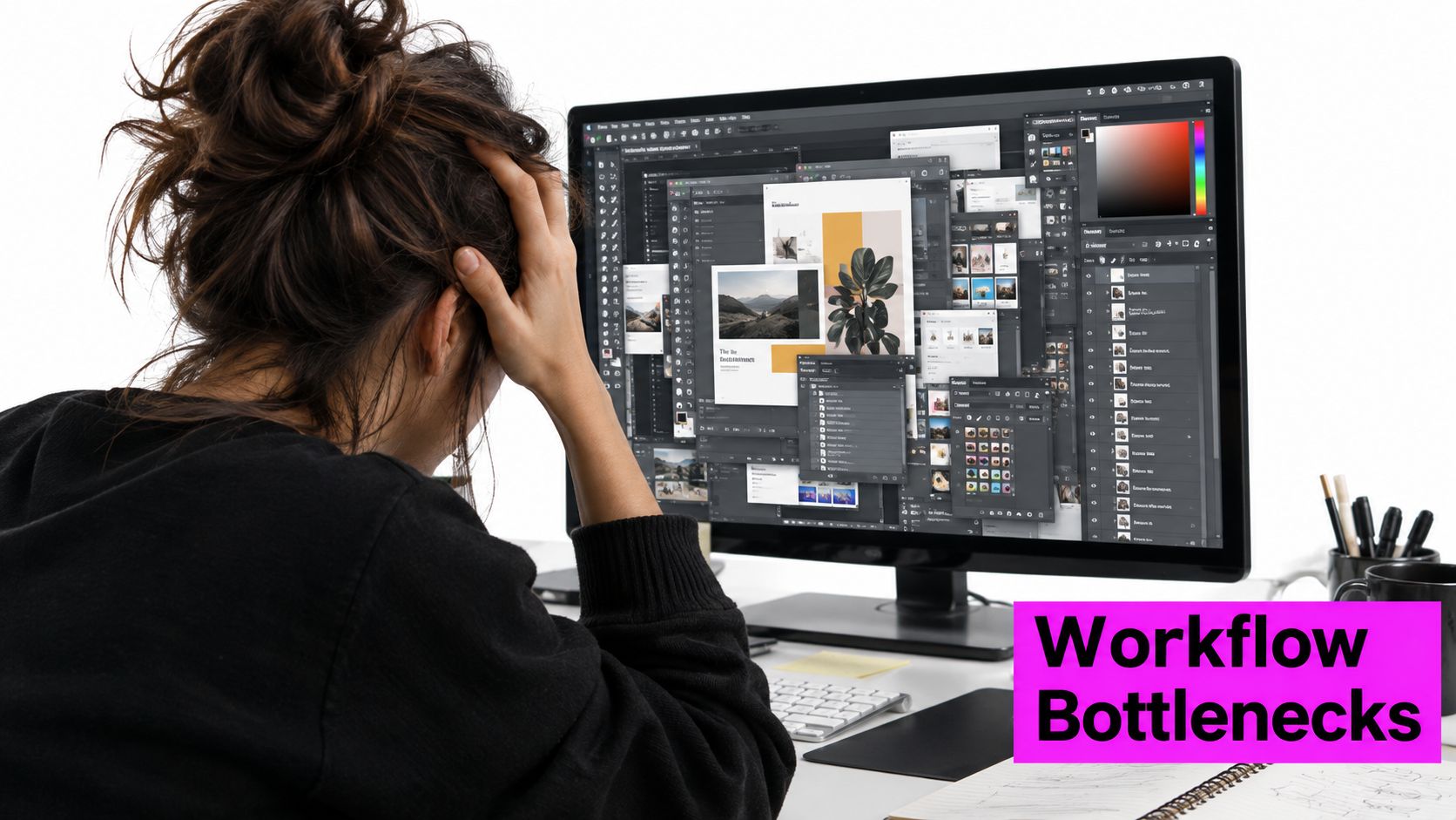 A woman looks stressed while working at a computer with a cluttered design software interface displayed.