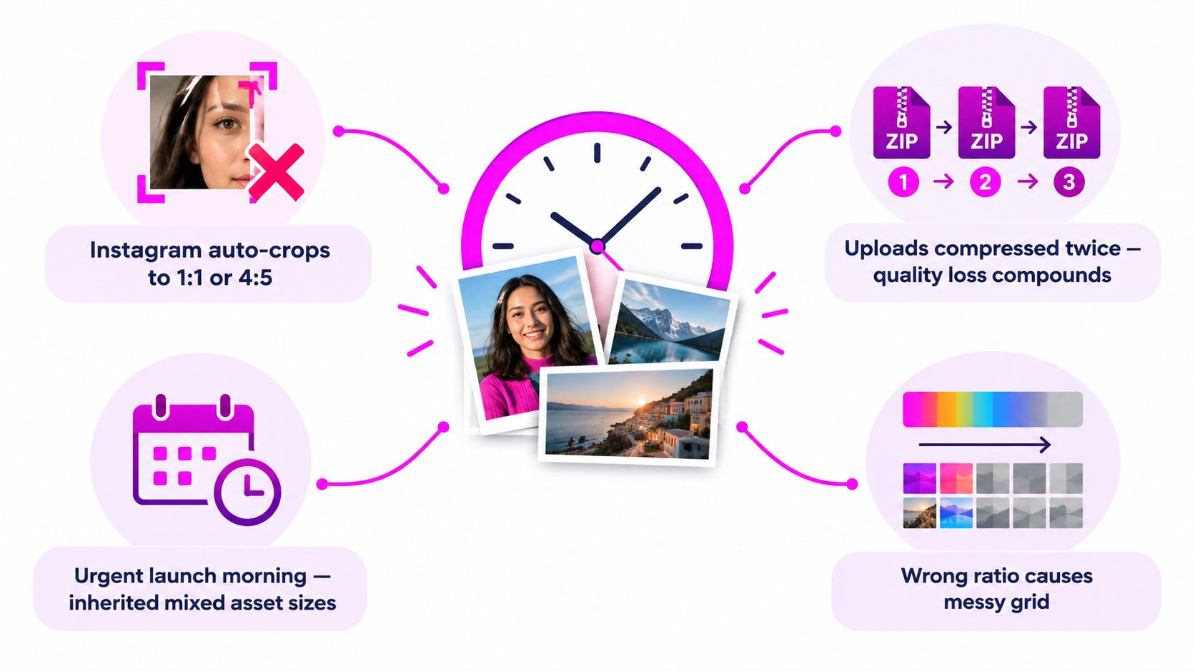 A diagram illustrating common social media image posting problems including cropping, compression, scheduling, and grid display issues.