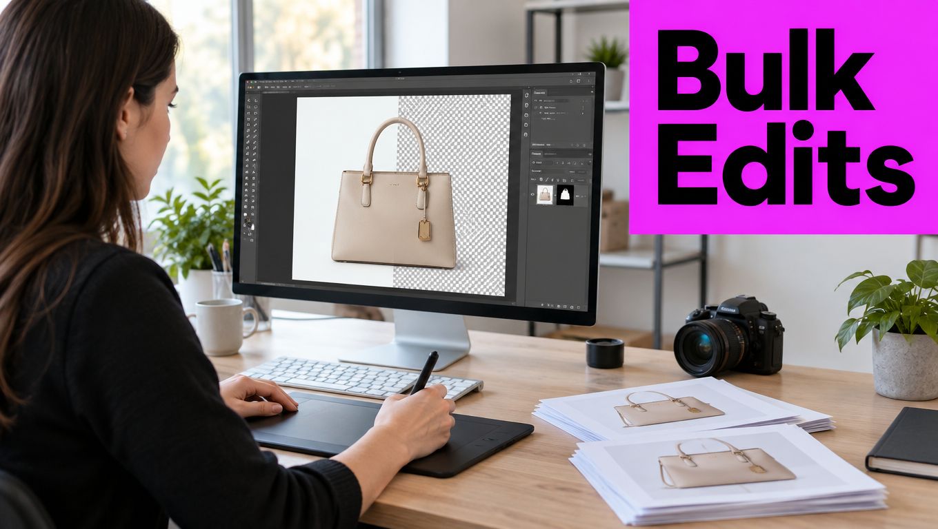A professional graphic designer using a tablet to edit product images of handbags on a computer.